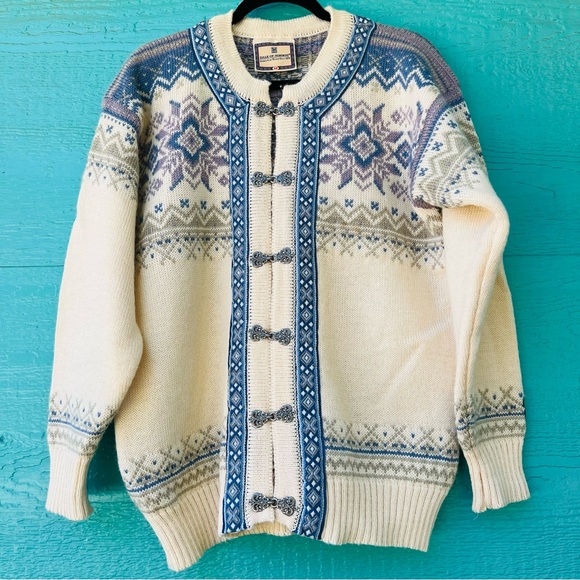 DALE OF NORWAY WOOL FAIR ISLE SNOWFLAKE PATTERN VINTAGE CARDIGAN SWEATER LARGE - Picture 1 of 8
